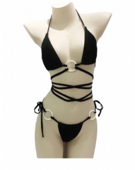 2024 Ny Delad Baddräkt Sexig Bikini Enfärgad Med Hög Midja Och Knytband