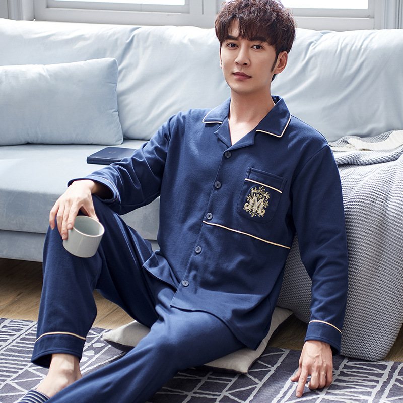 Herr Bomull Lapel Pyjamas Lösa Hemkläder Cardigan Casual