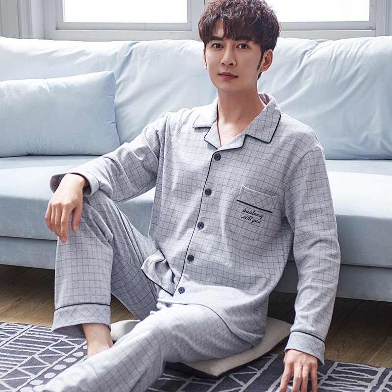 Herr Bomull Lapel Pyjamas Lösa Hemkläder Cardigan Casual