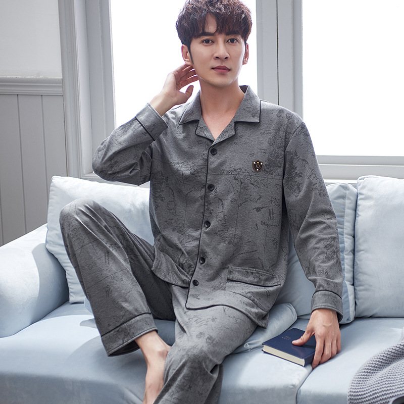 Herr Bomull Lapel Pyjamas Lösa Hemkläder Cardigan Casual