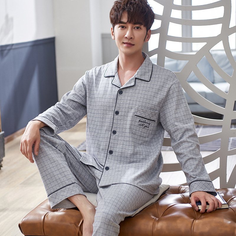 Herr Bomull Lapel Pyjamas Lösa Hemkläder Cardigan Casual