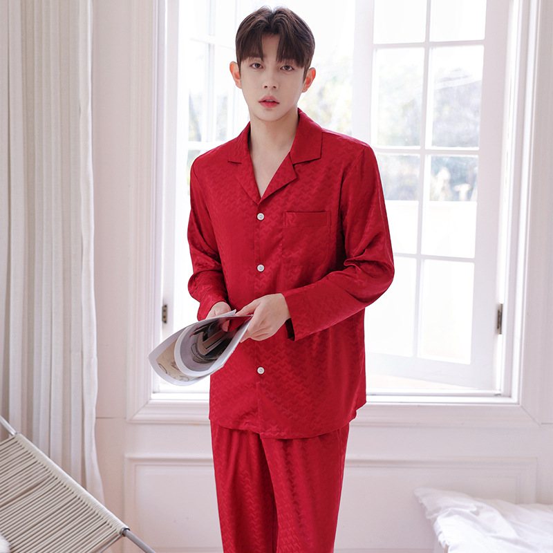 Långärmad Lapel Pyjamas Herrkostymer Jacquard Loungewear