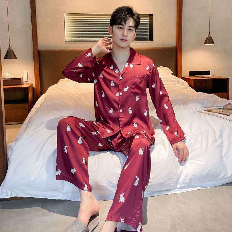 Långärmad Loungewear Set Siden Pyjamas För Män Tecknad
