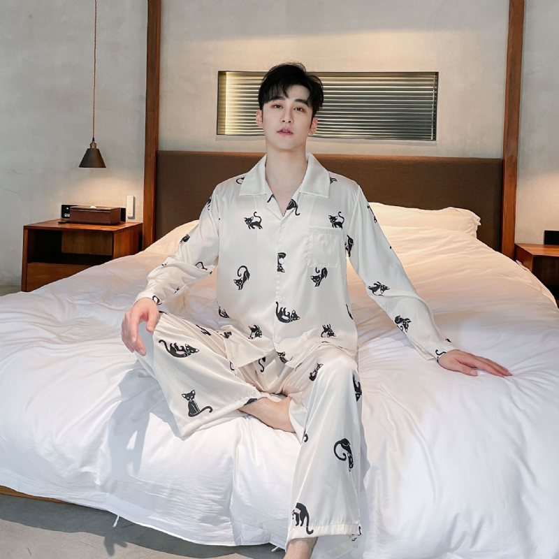 Långärmad Loungewear Set Siden Pyjamas För Män Tecknad