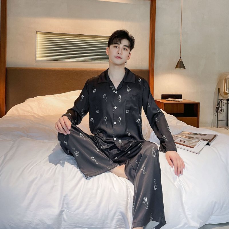 Långärmad Loungewear Set Siden Pyjamas För Män Tecknad