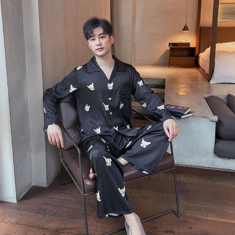 Långärmad Loungewear Set Siden Pyjamas För Män Tecknad