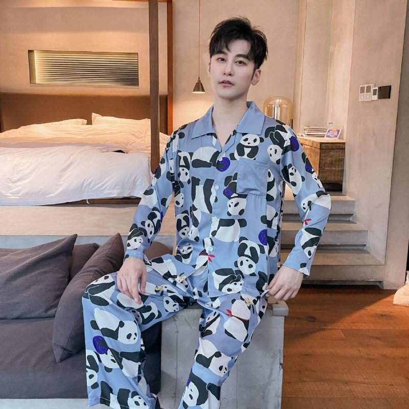 Långärmad Loungewear Set Siden Pyjamas För Män Tecknad