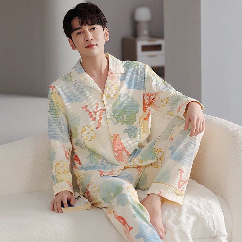 Pyjamas För Män Bomull Hemkläder Sommar Cardigan Långärmad Kostymer