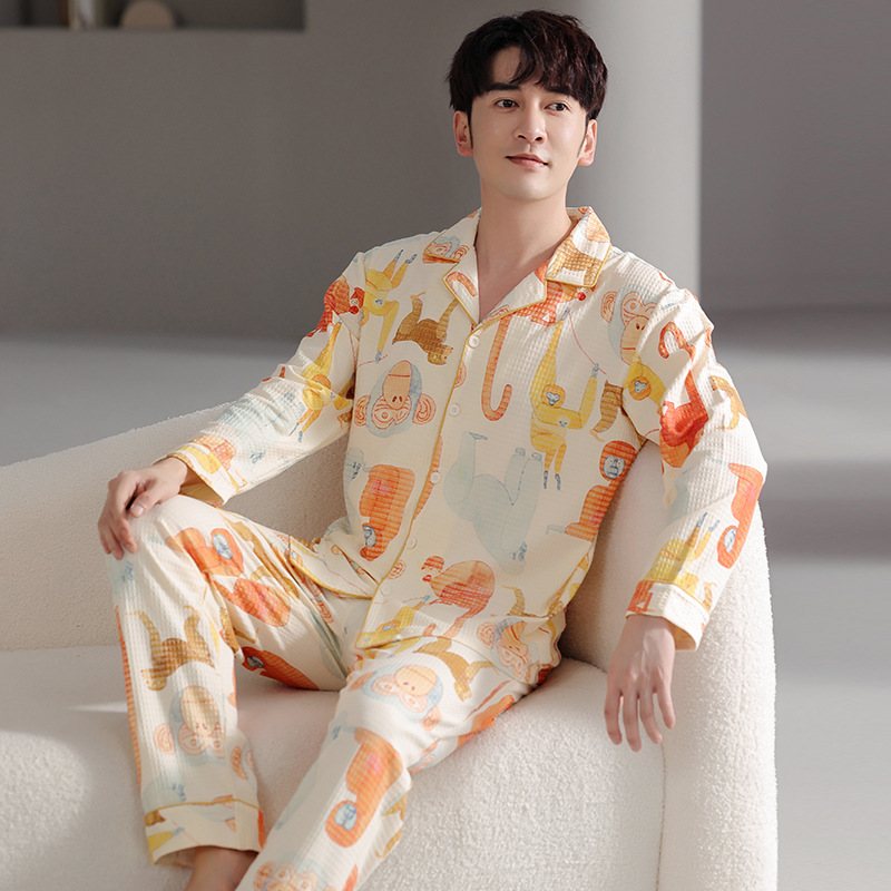 Pyjamas För Män Bomull Hemkläder Sommar Cardigan Långärmad Kostymer