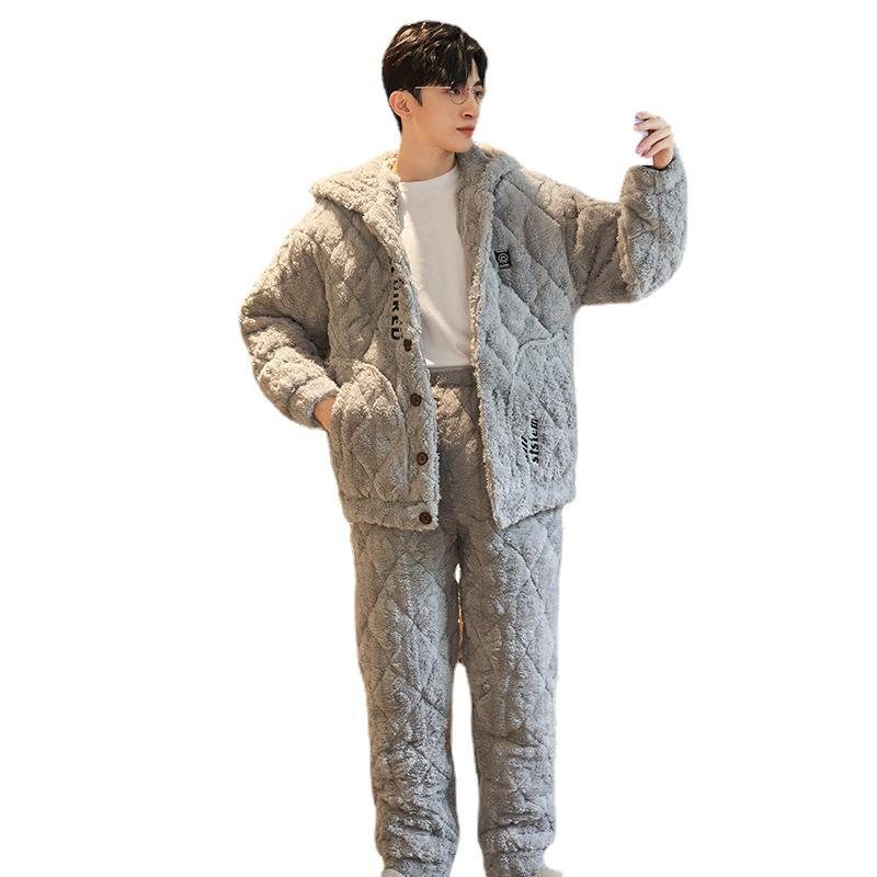 Pyjamas För Män Förtjockad Fleece Flanell Trelagers Quiltade Varma Hemkläder Set