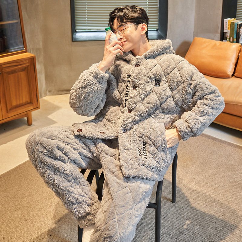 Pyjamas För Män Förtjockad Fleece Flanell Trelagers Quiltade Varma Hemkläder Set