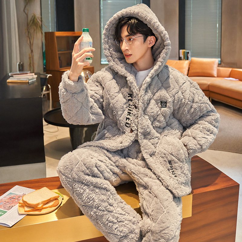 Pyjamas För Män Förtjockad Fleece Flanell Trelagers Quiltade Varma Hemkläder Set