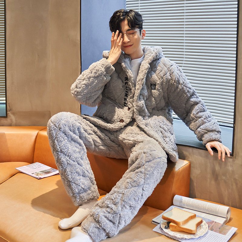 Pyjamas För Män Förtjockad Fleece Flanell Trelagers Quiltade Varma Hemkläder Set