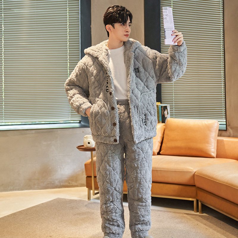 Pyjamas För Män Förtjockad Fleece Flanell Trelagers Quiltade Varma Hemkläder Set