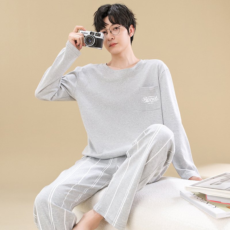 Pyjamas För Män I Bomull Långärmade Byxor Tecknad Pullover Lösa Hemkläder