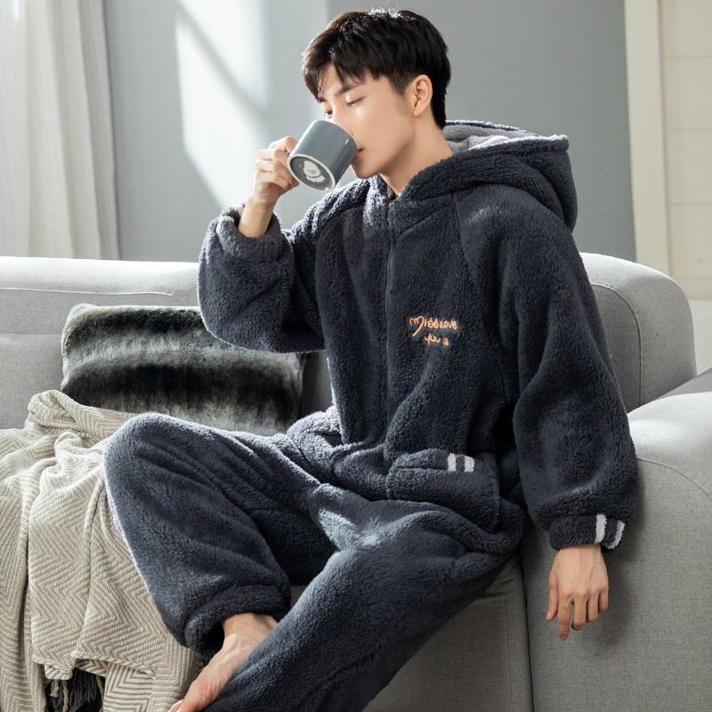 Pyjamas För Män Med Luva Varm Dragkedja Jumpsuit Coral Fleece Casual Lösa Hemkläder