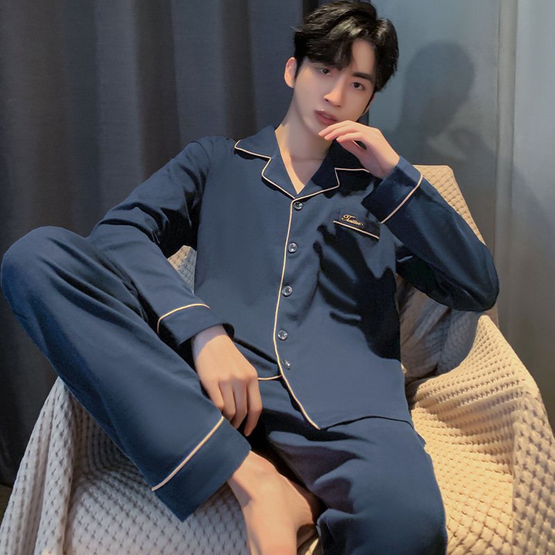 Pyjamas Långärmad Bomull Hemkläder För Män I Två Delar