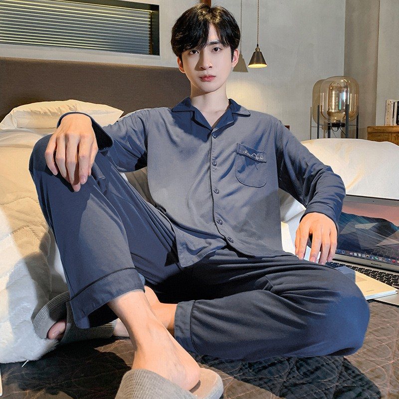 Pyjamas Långärmad Bomull Hemkläder För Män I Två Delar