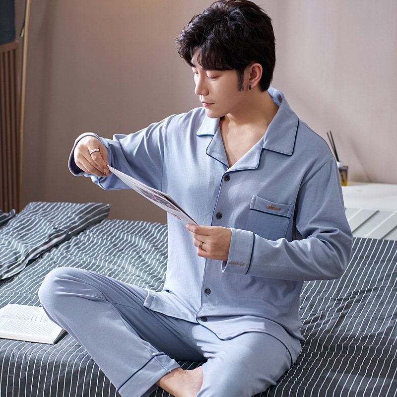 Pyjamas Långärmad Bomull Hemkläder För Män I Två Delar