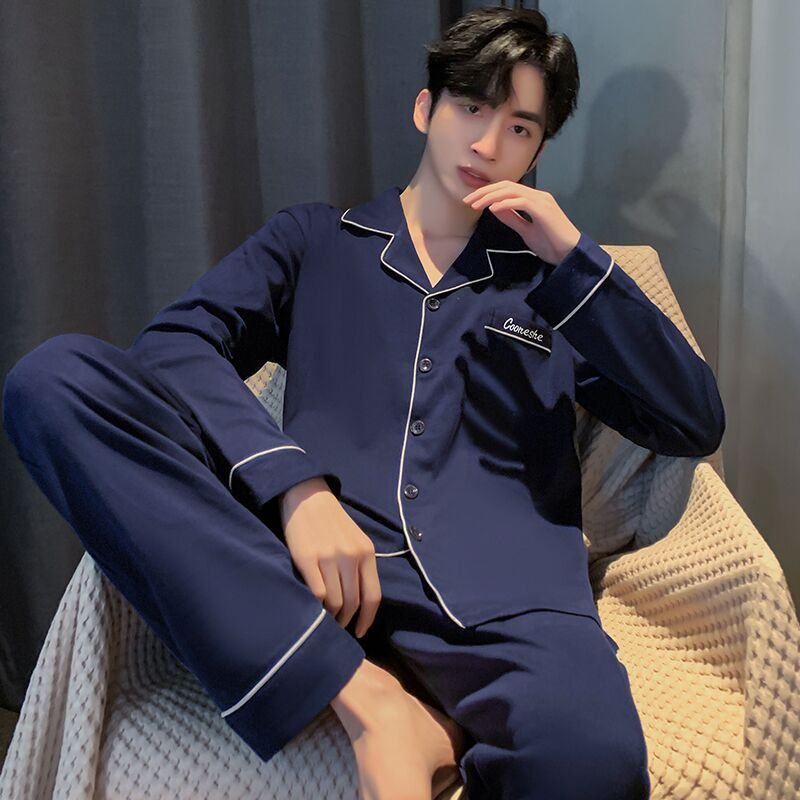 Pyjamas Långärmad Bomull Hemkläder För Män I Två Delar