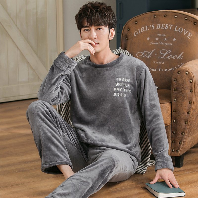 Pyjamasset För Män Långärmad Rund Hals Tjock Flanelltröja Casual Hemkläder