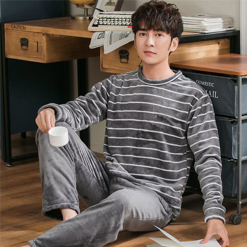 Pyjamasset För Män Långärmad Rund Hals Tjock Flanelltröja Casual Hemkläder