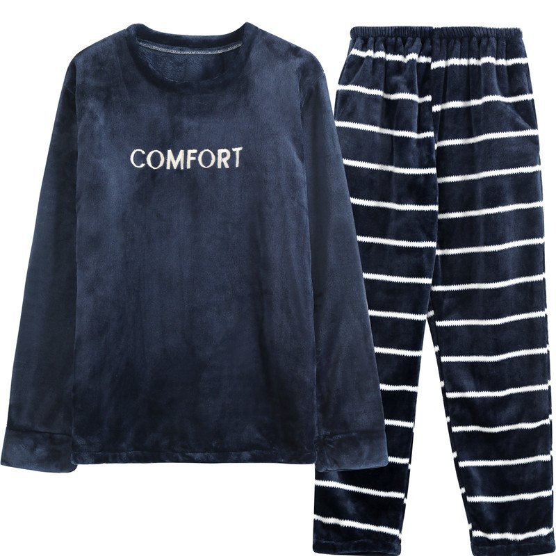 Pyjamasset För Män Långärmad Rund Hals Tjock Flanelltröja Casual Hemkläder