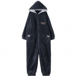 Varm Flanell Pyjamas Herr Långärmad Huva Loungewear Casual One-piece Kostymer