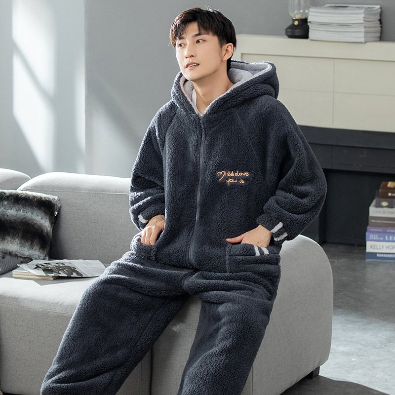 Varm Flanell Pyjamas Herr Långärmad Huva Loungewear Casual One-piece Kostymer