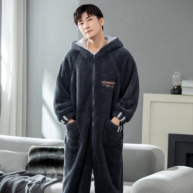 Varm Flanell Pyjamas Herr Långärmad Huva Loungewear Casual One-piece Kostymer