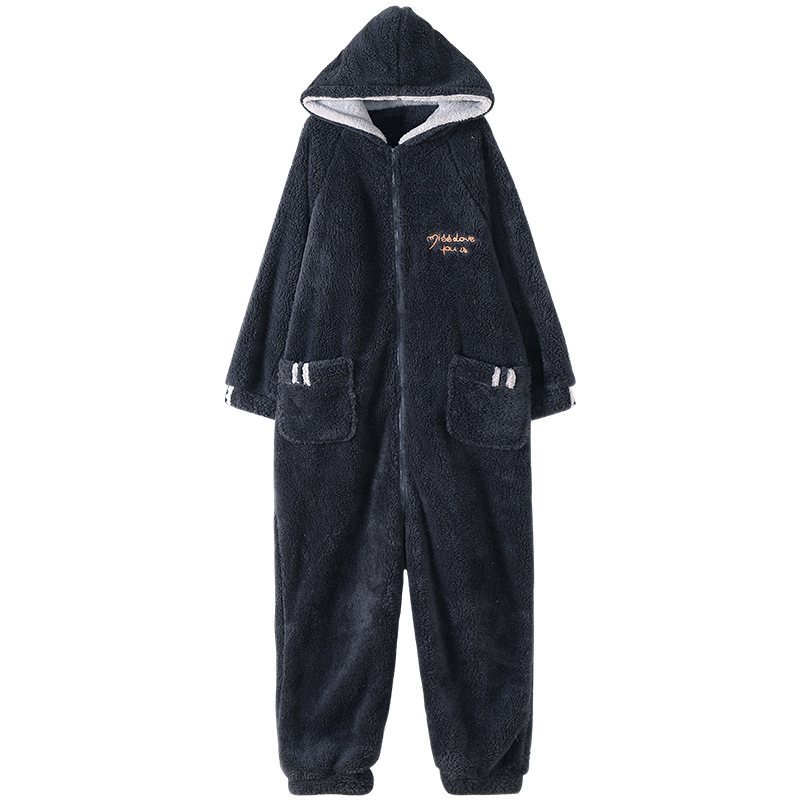 Varm Flanell Pyjamas Herr Långärmad Huva Loungewear Casual One-piece Kostymer