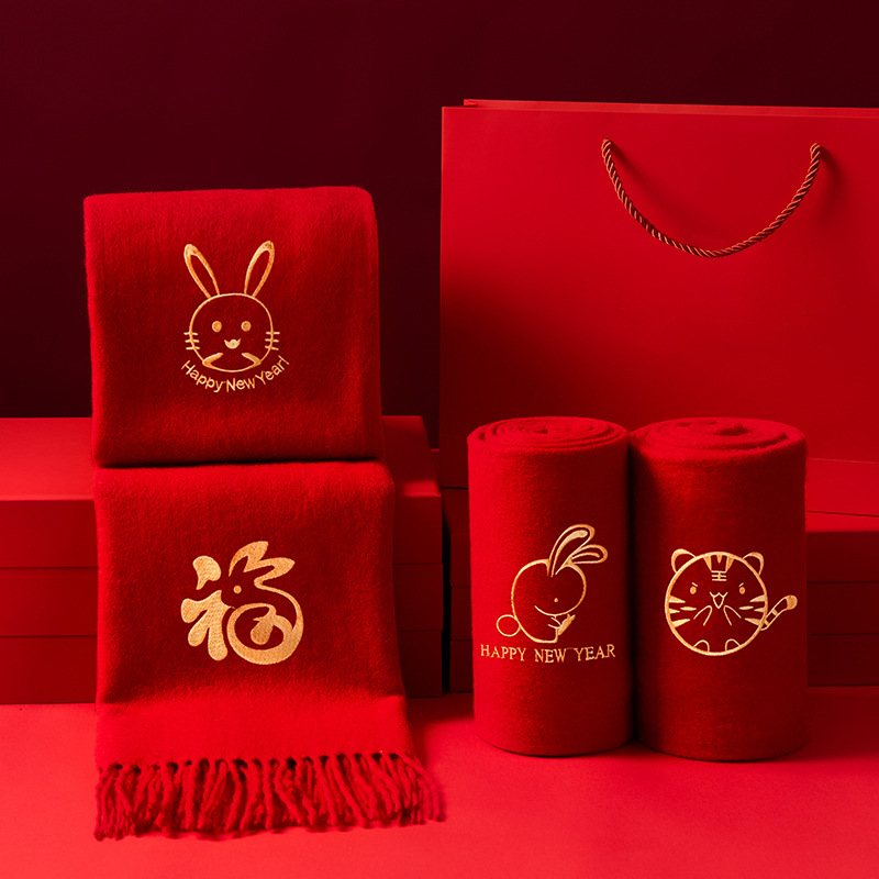2024 Röd Scarf 100 Ull Kanin År Zodiac Broderi Män Och Kvinnor Kinesiska Röda År Fest Halsduk