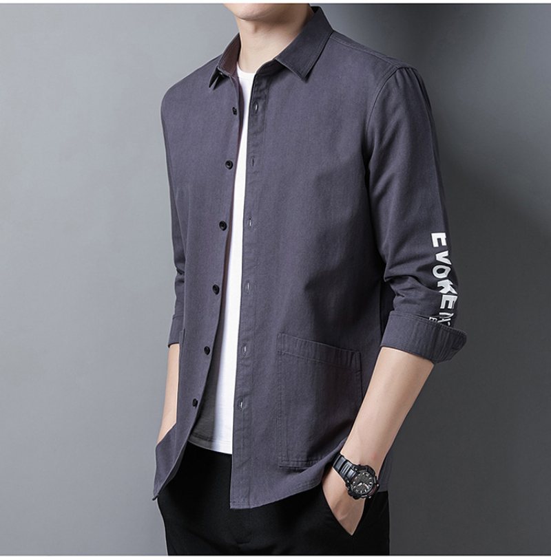 Bomullsskjorta För Män Arbetskläder Långärmad Lapel Enfärgad Multi Pocket Trend