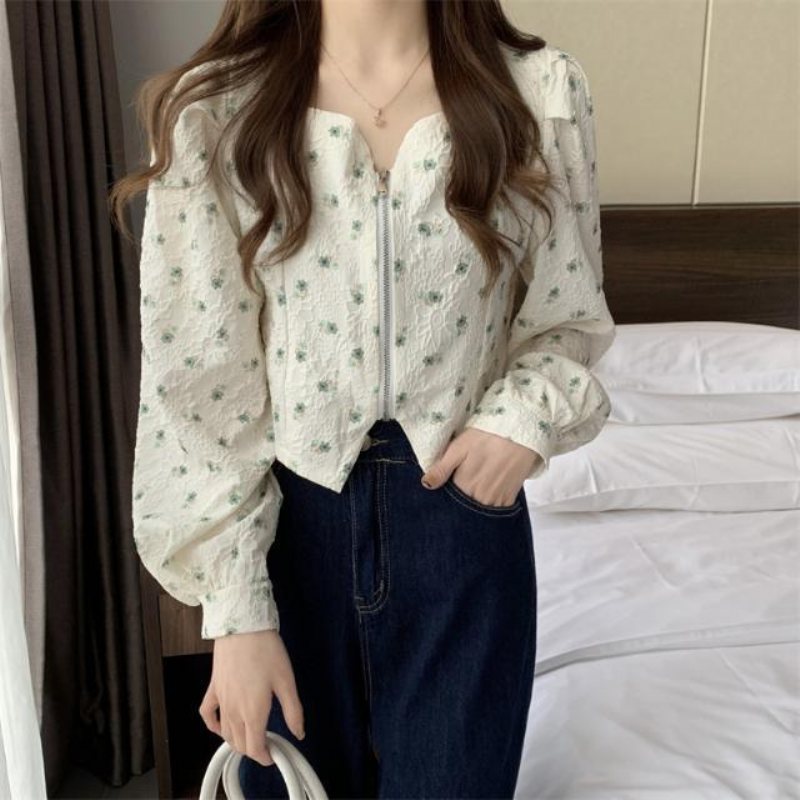 Blommig Skjorta Med Fyrkantig Hals För Damer Cropped Top