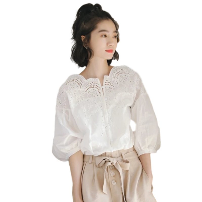 Sweet Ladies Shirt Fresh Petal One Shoulder Hollow Lace Kortärmad Skjorta