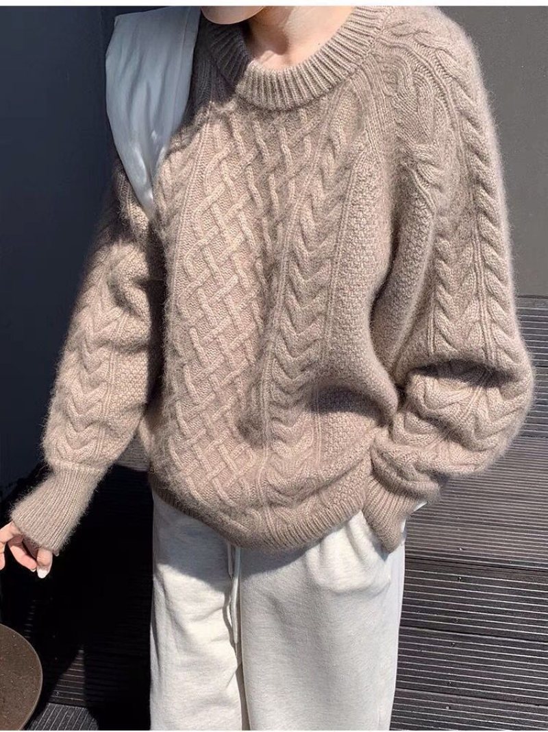 2024 Höst Och Vinter Twist Pullover Tröja Dam Lös Retro Rundhalsad Tungindustri Bottenstickade Plagg
