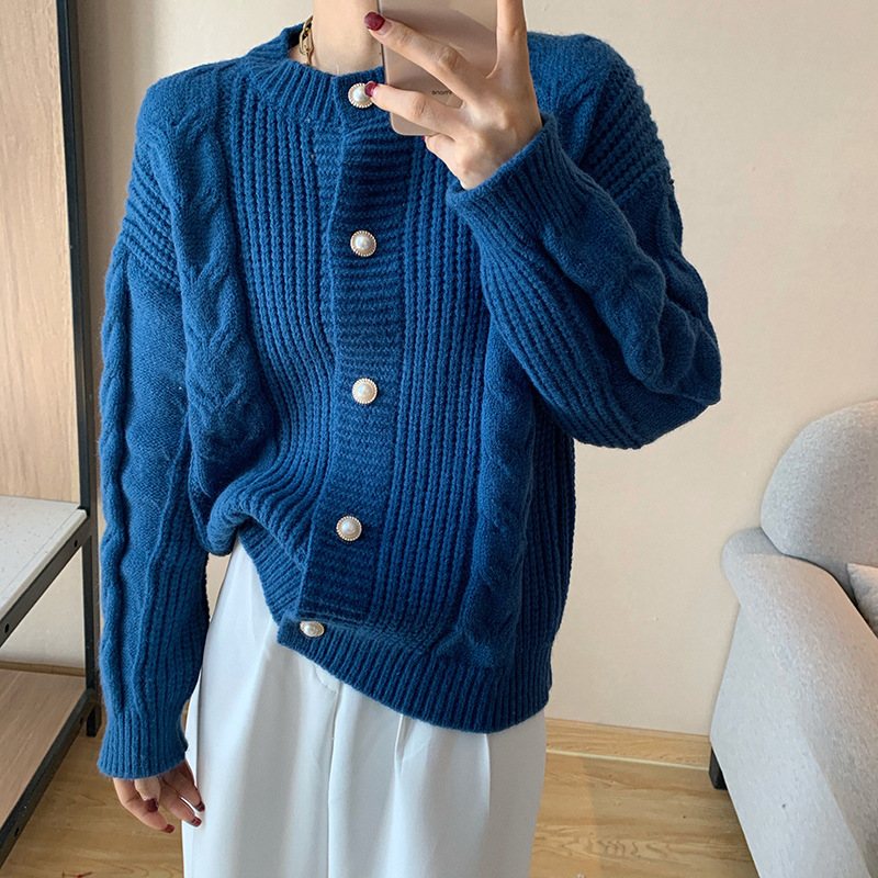 Tröja Dam 2024 Höstnyhet Casual Rund Hals Vriden Lös Pärlknappstickad Cardigan Topp