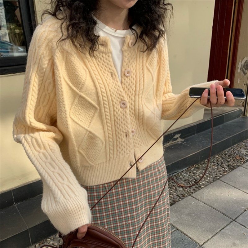 Förtjockad Twist Sweater Cardigan Dam Kort Mode Lös Stickad Jacka Dam