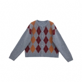 Retro Rhombus Sweater Cardigan Jacka Dam Kort Lös Stickat Trend