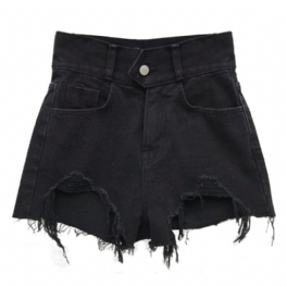 Denimshorts För Kvinnor Hög Midja Lång Smal Trasig Hål Enfärgad