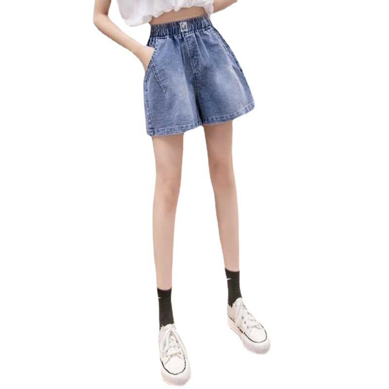 Elastisk Midja Tunna Jeansshorts Dam Lös Hög Bred Ben Hot Pants