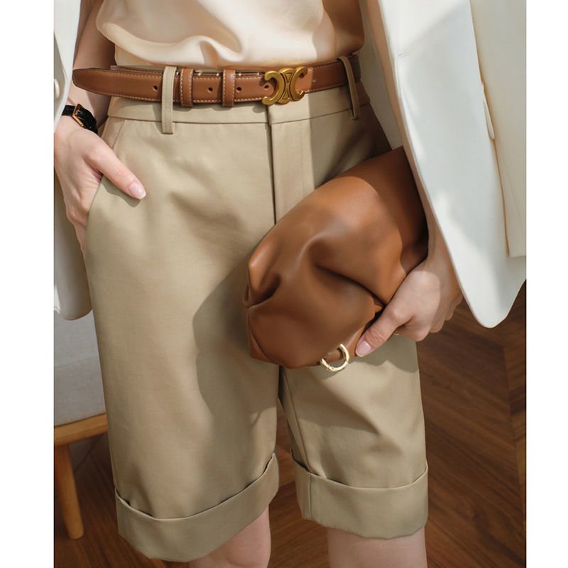 Shorts Dam Hög Midja Rak Kaki Casual Cropped Byxor