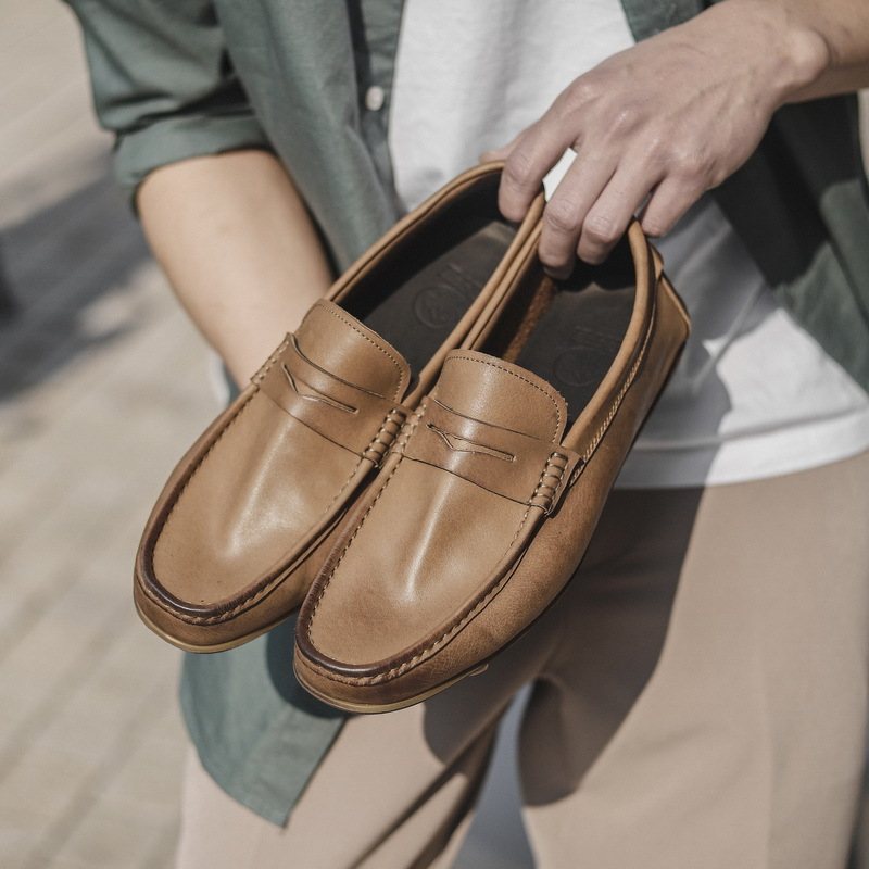 Enkellagers Läder Äkta Sömmar För Män Ärter Skor Slip-on Loafers Mjuksulor Casual Körskor