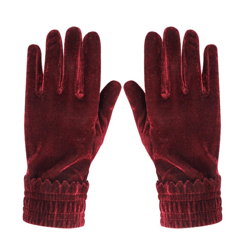 Damhandskar Vinterstickade Guld Sammet Stretch Varma Vuxna Five Finger Warma Handskar