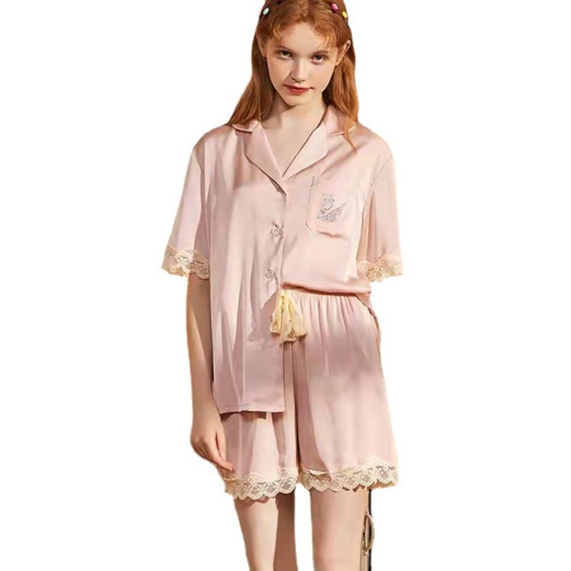 Dam Hemkläder Spets Kortärmad Satin Pyjamas Tredelad Set