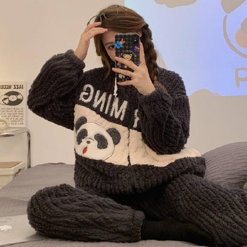Pyjamas För Kvinnor Coral Fleece Tjock Söt Flanell Hemkläder Set