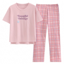Pyjamas I Ren Bomull Dam Rosa Rutiga Byxor Dam Loungewear Kortärmade Byxdressar