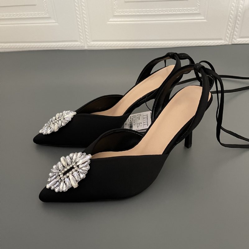 2024 Våren Nya Damskor Spetsiga Tå Platta Skor Slingback Strass Spänne Svart Sexiga Högklackade Sandaler För Kvinnor