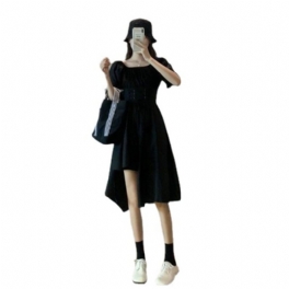 Irregular Puff Sleeve Dress Women 2024 Sweet Waist