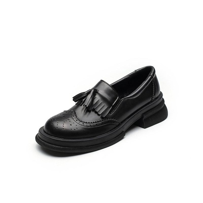 Klänning Skor Dam 2024 Nya Våren Läder Tofs Brogue Tjock Klack Retro Vår Och Höst Platta